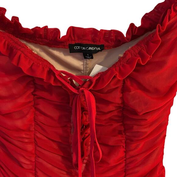 Cotton Candy Ruched Mesh Off Shoulder Corset Lace-Up Long Sleeve Dress Red Small - Picture 4 of 6